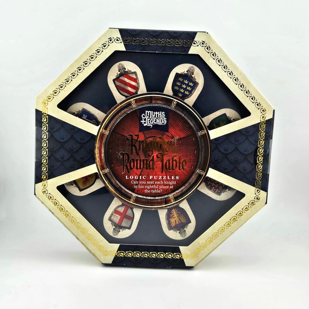 Hexagonal packaging for 'Myths & Legends: Round Table' logic puzzles on a white background