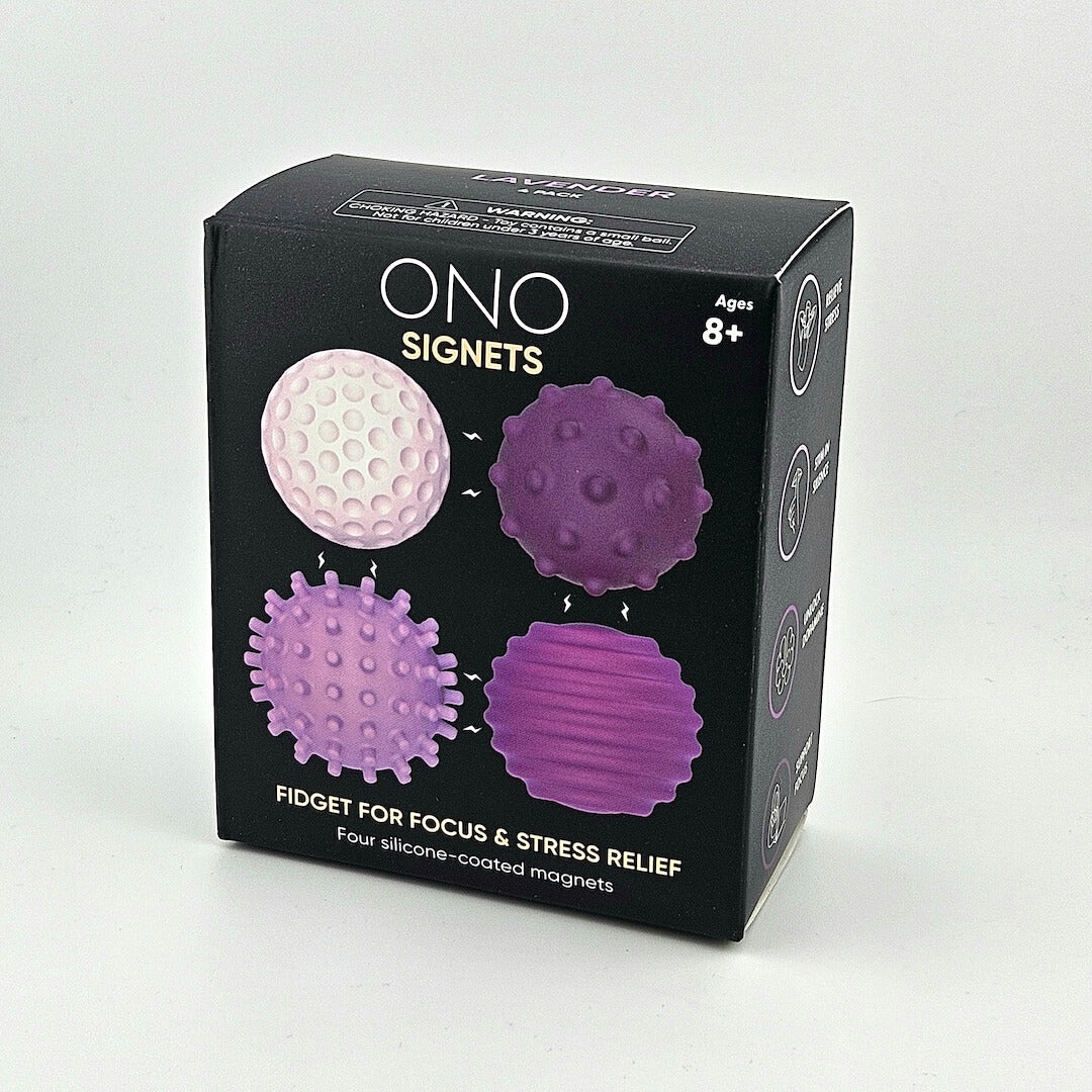 Box of ONO Signets fidget toys with purple and pink designs on a white background