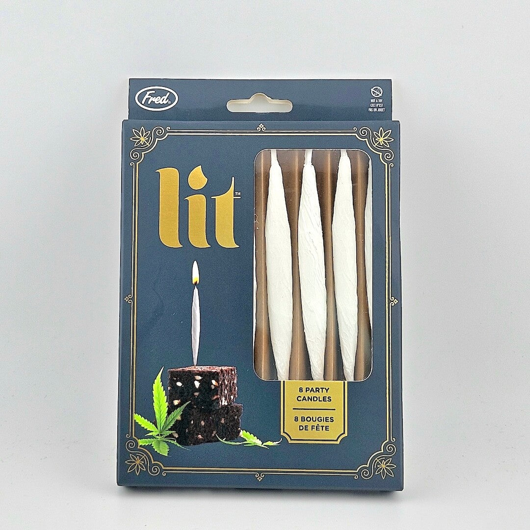 Green packaging for joint-shaped birthday candles against white background.