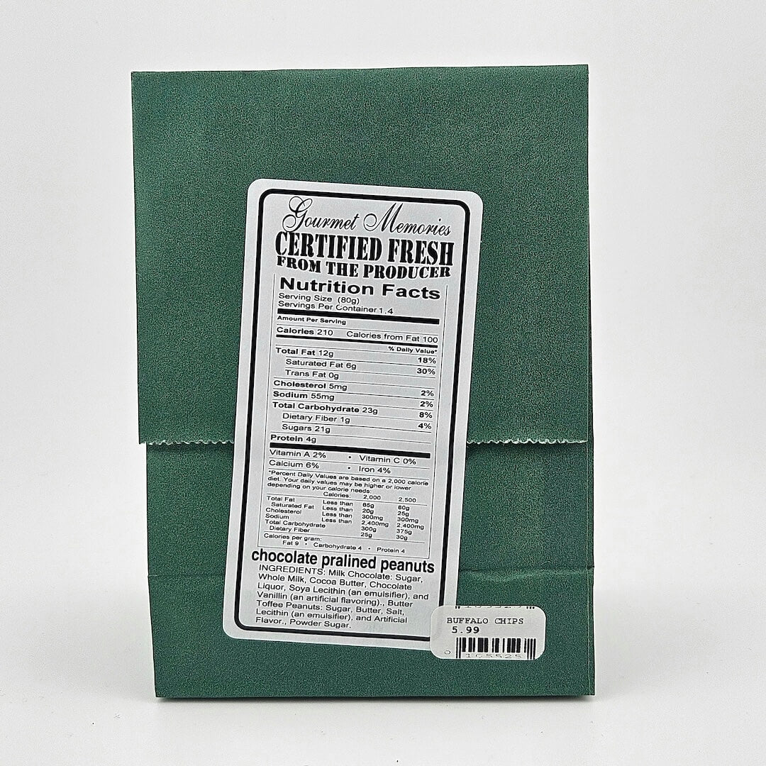 Back of green paper bag with sticker listing nutrition facts & ingredients.