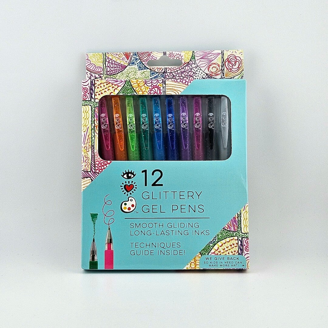 12 glittery gel pens in turquoise packaging against white background.