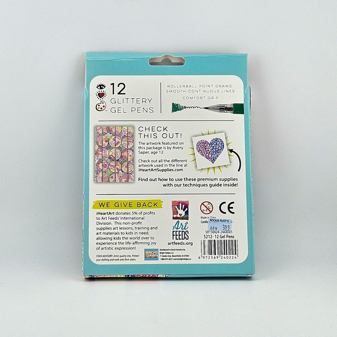 12 glittery gel pens in turquoise packaging against white background.