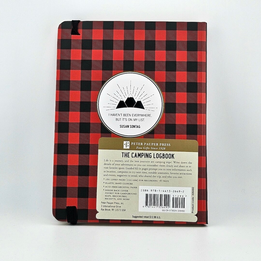 Red & black plaid notebook against white background.