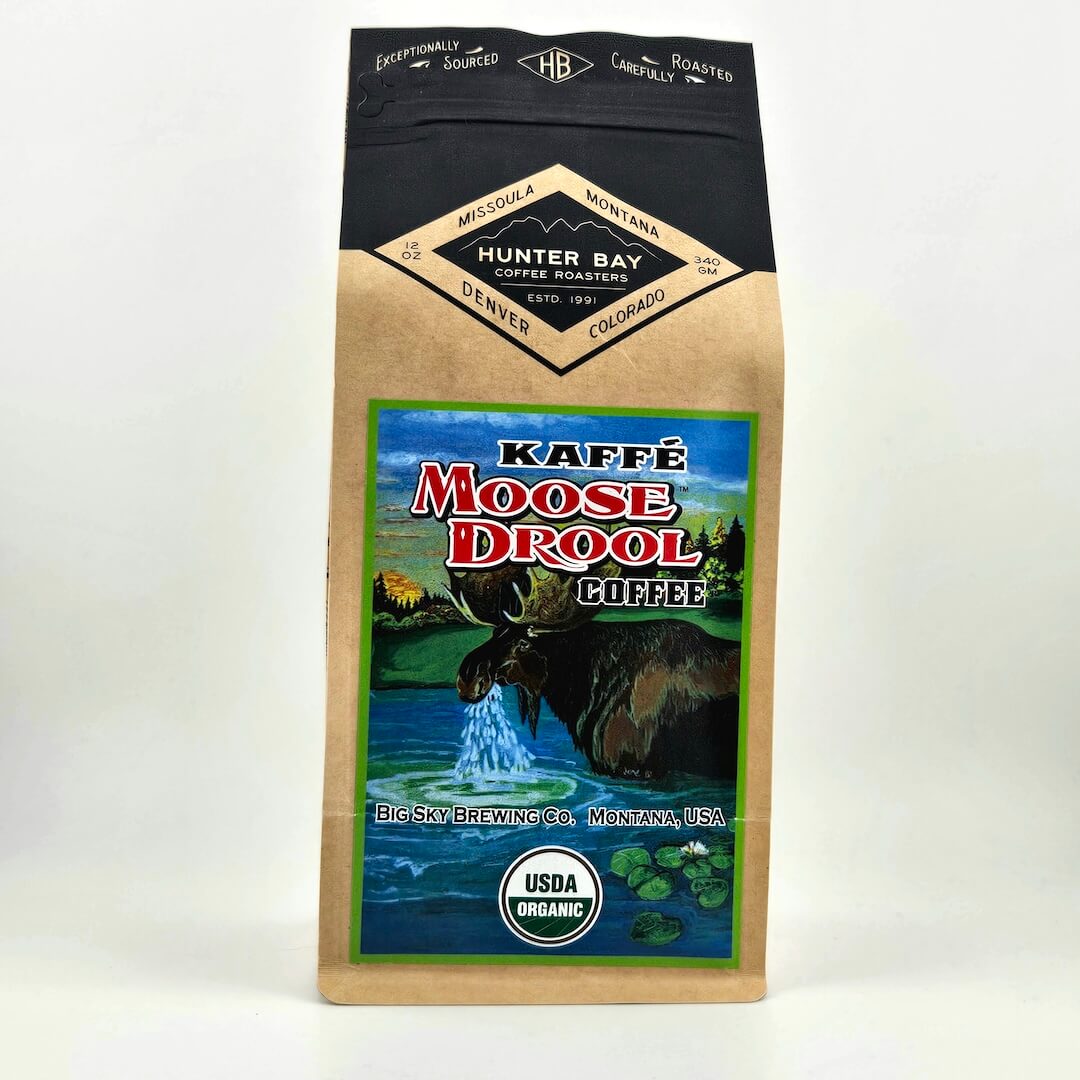 Brown coffee bag with moose illustration