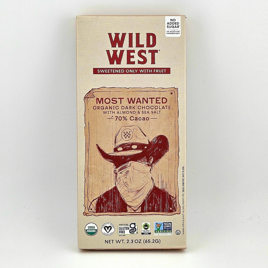 Box of Wild West organic dark chocolate with a cowboy illustration on a white background