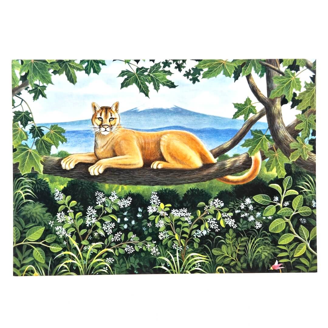 Painting of a mountain lion lounging on a branch with a scenic background