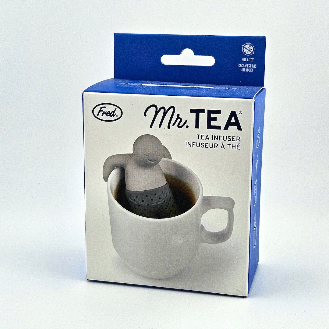 Mr. Tea tea infuser in packaging with blue and white design