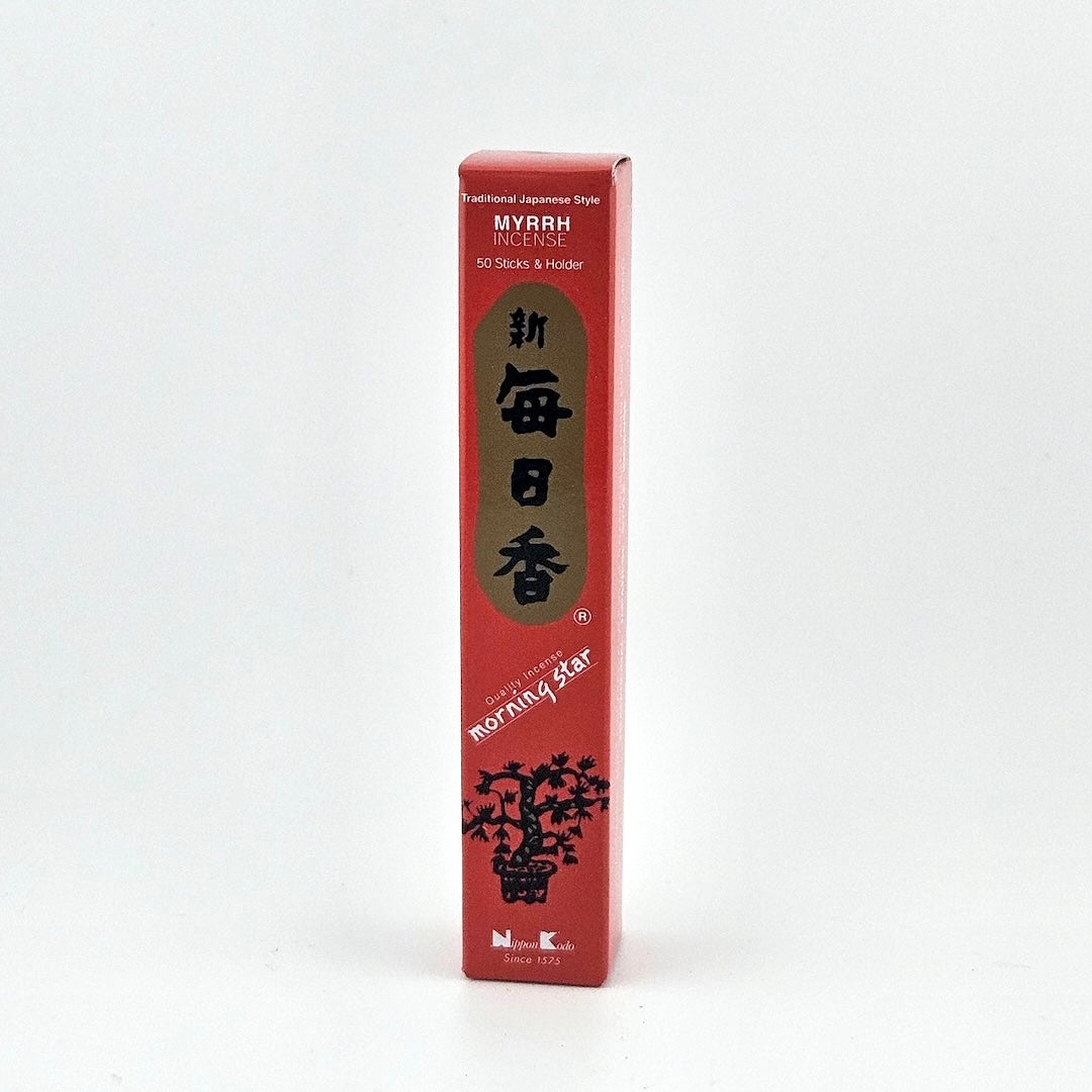 red box of 50 incense sticks with Japanese writing above bonsai tree packaging on gray background.