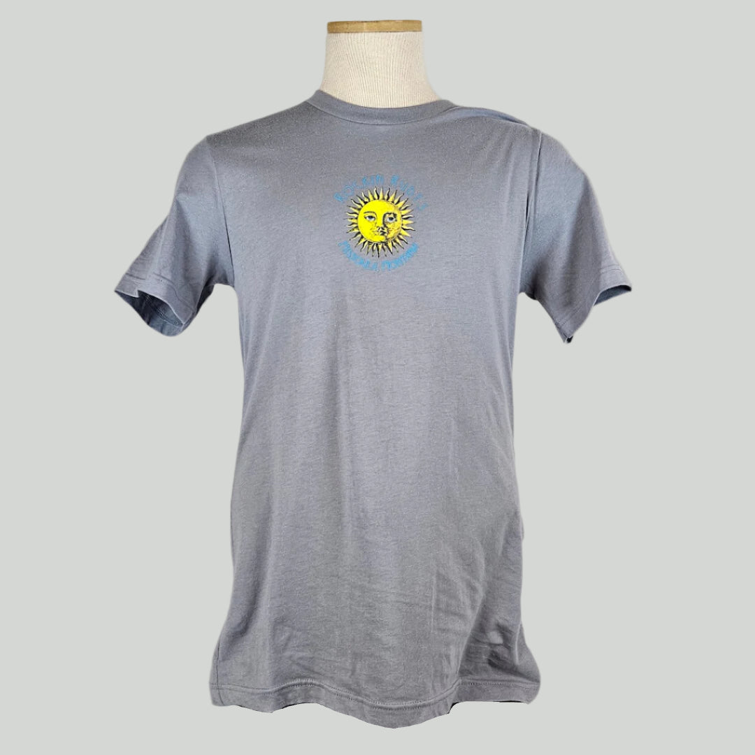 Gray t-shirt with small sun in center with "ROCKIN RUDY'S" & "MISSOULA, MONTANA" encircling it.