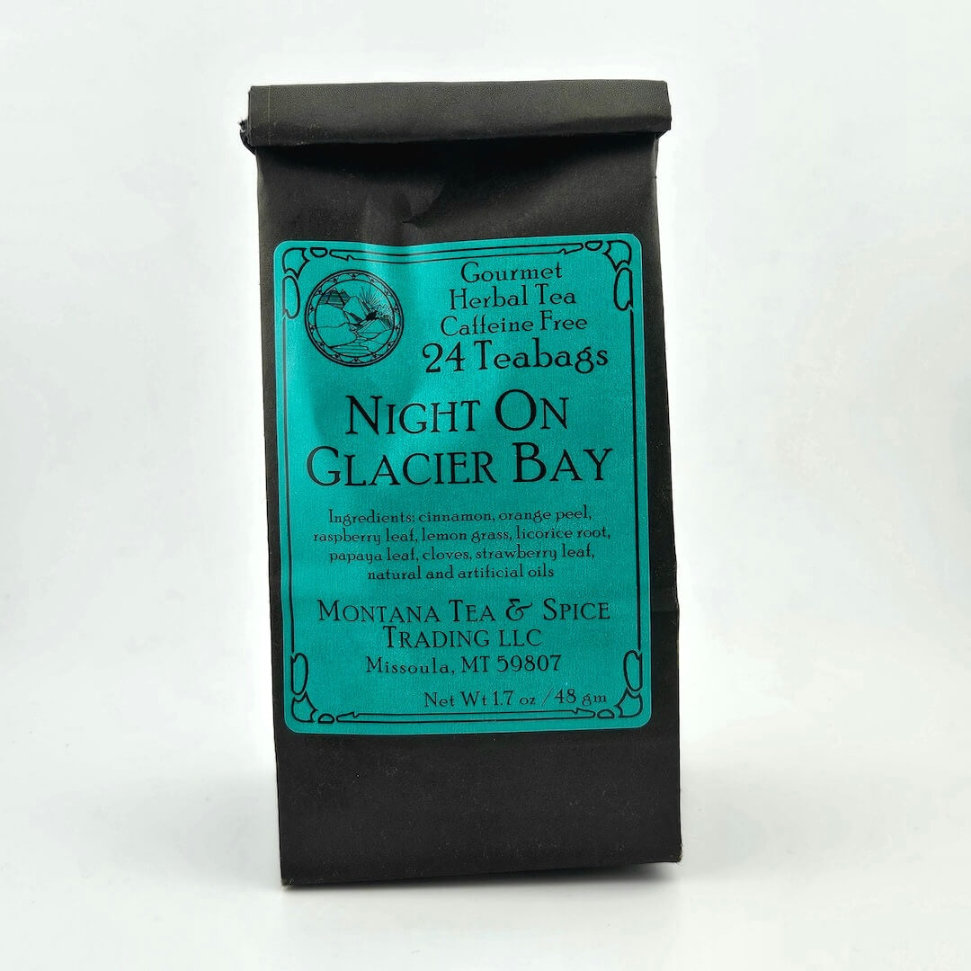 Black paper bag with rolled top with teal label describing flavor and ingredients.