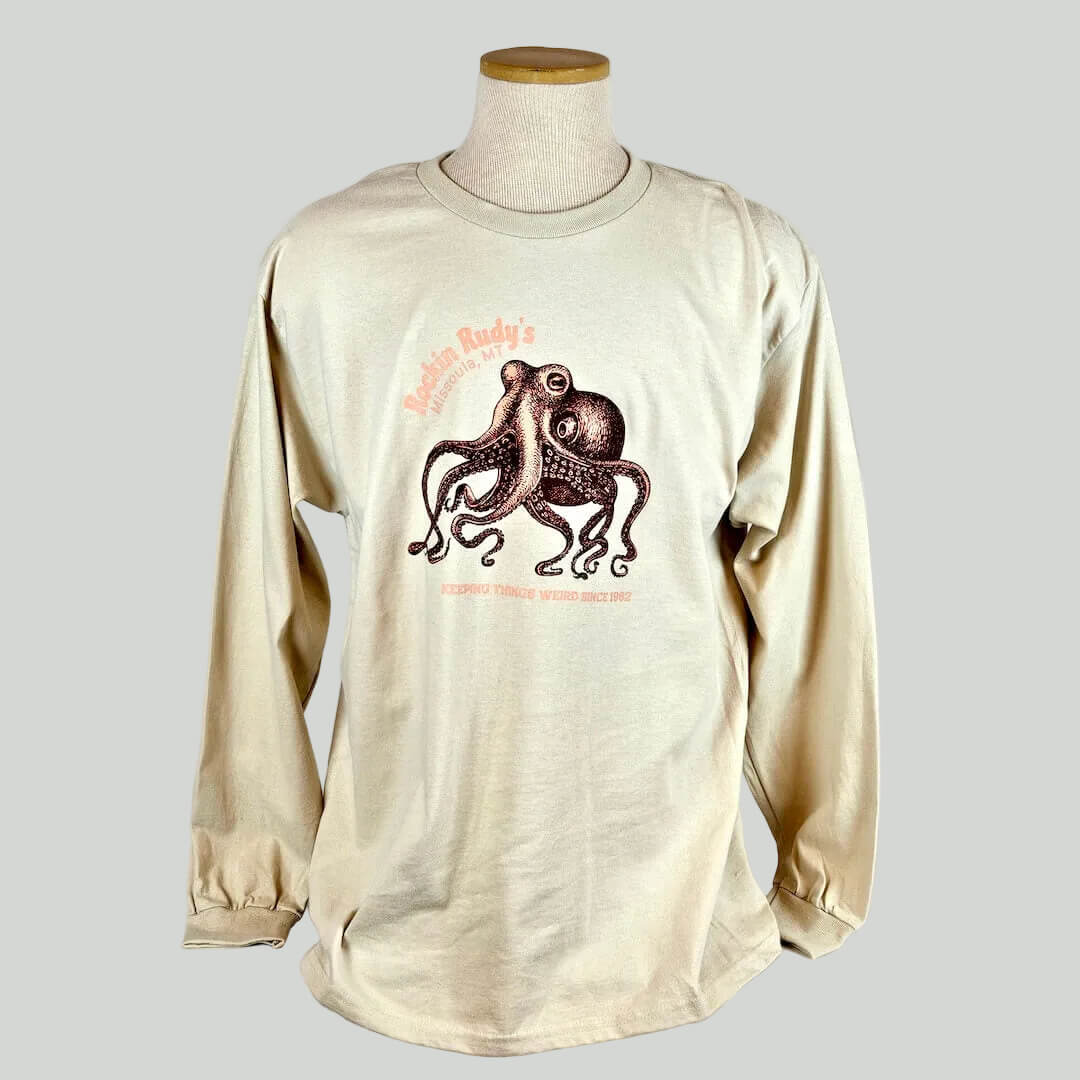 Beige long-sleeve shirt with octopus graphic on a mannequin against a white background