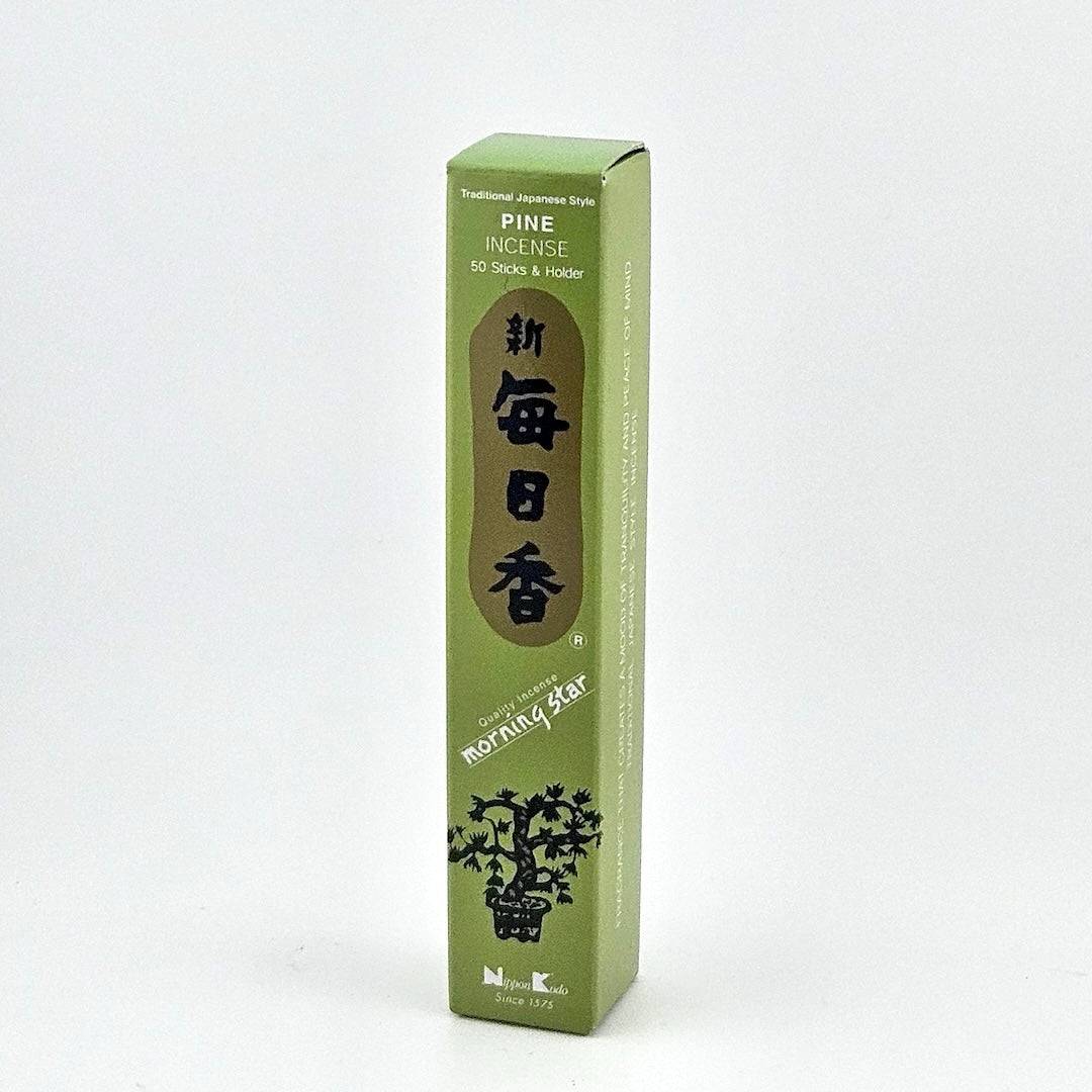 pine green box of 50 incense sticks with Japanese writing above bonsai tree packaging on gray background.