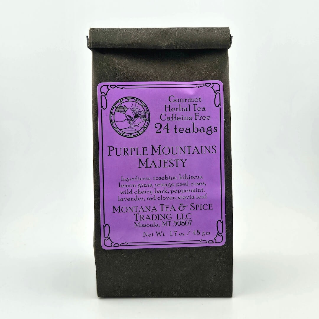 Black paper bag with rolled top with purple label describing flavor and ingredients.