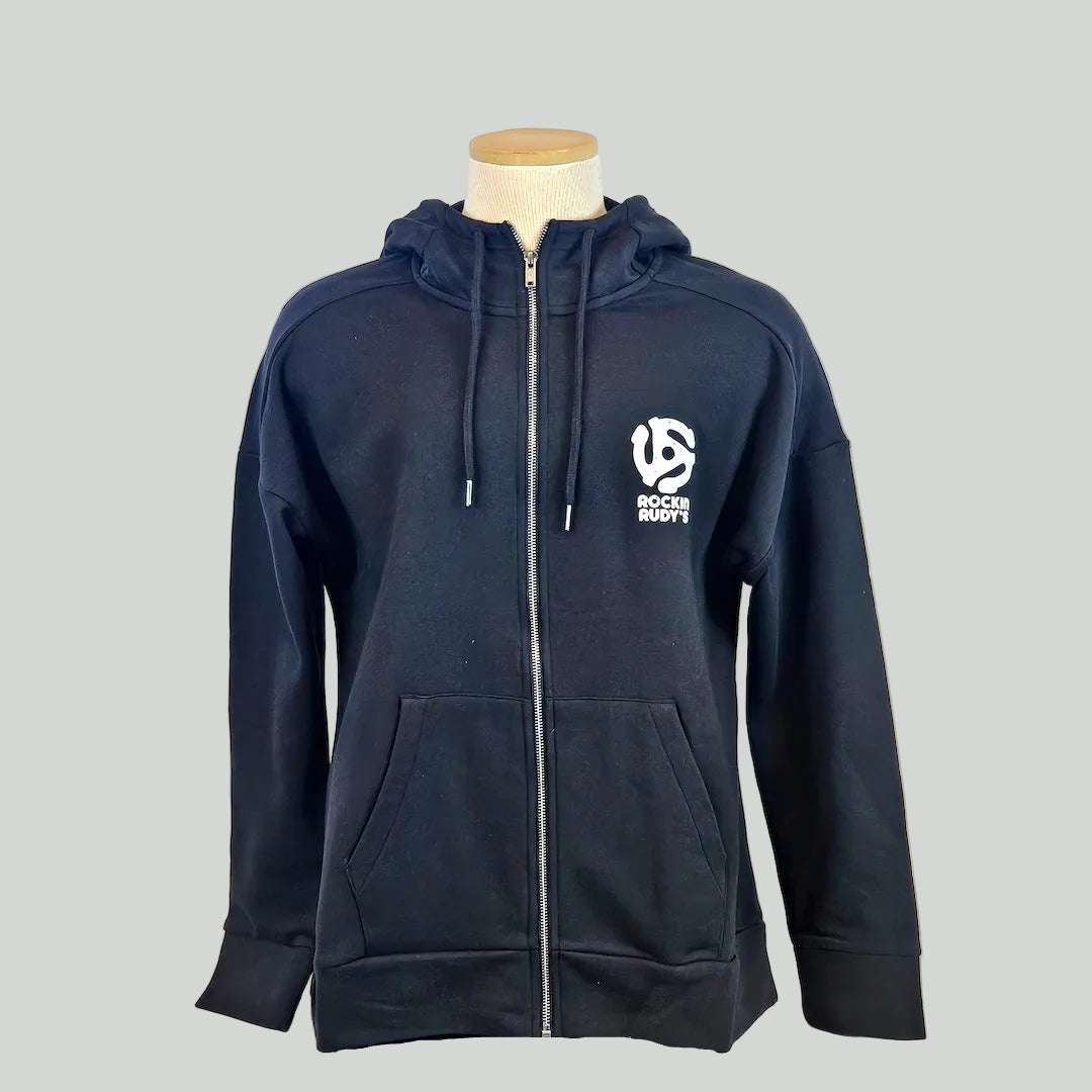 Black hoodie on mannequin with white logo over breast.