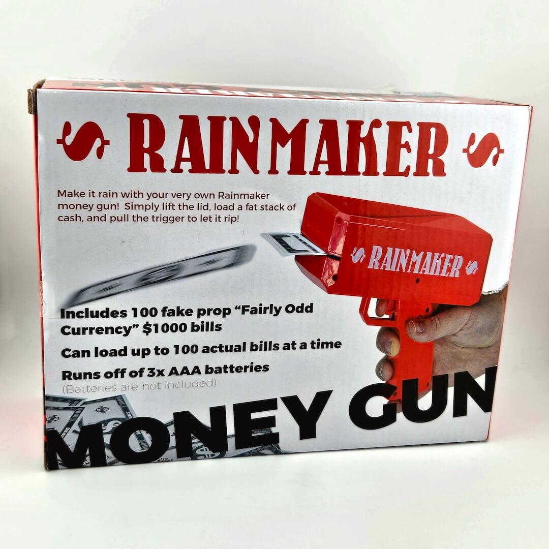 Box of a Rainmaker money gun with text on a white background