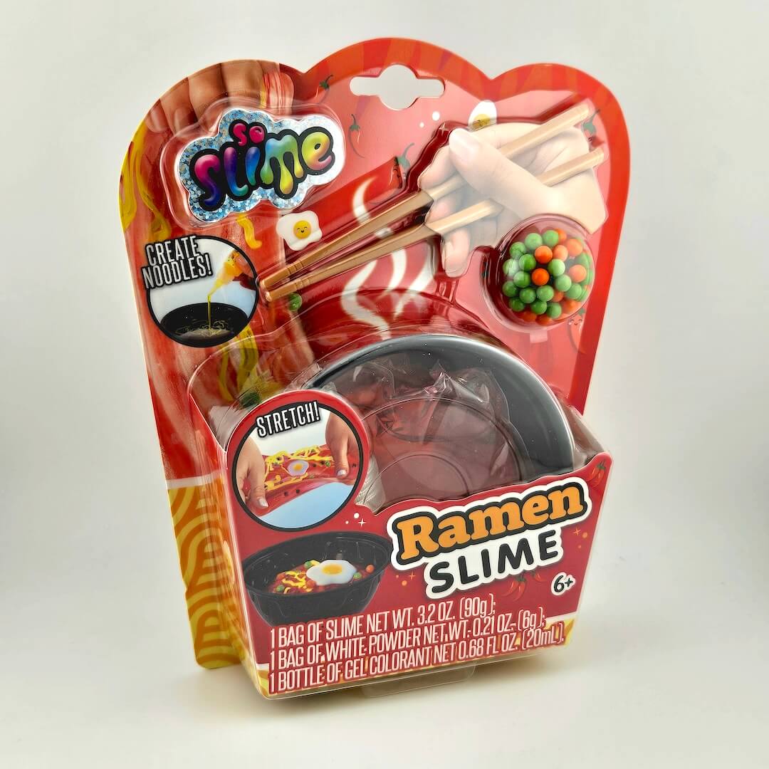Packaged Ramen Slime toy set with noodles, chopsticks, and a bowl on a white background