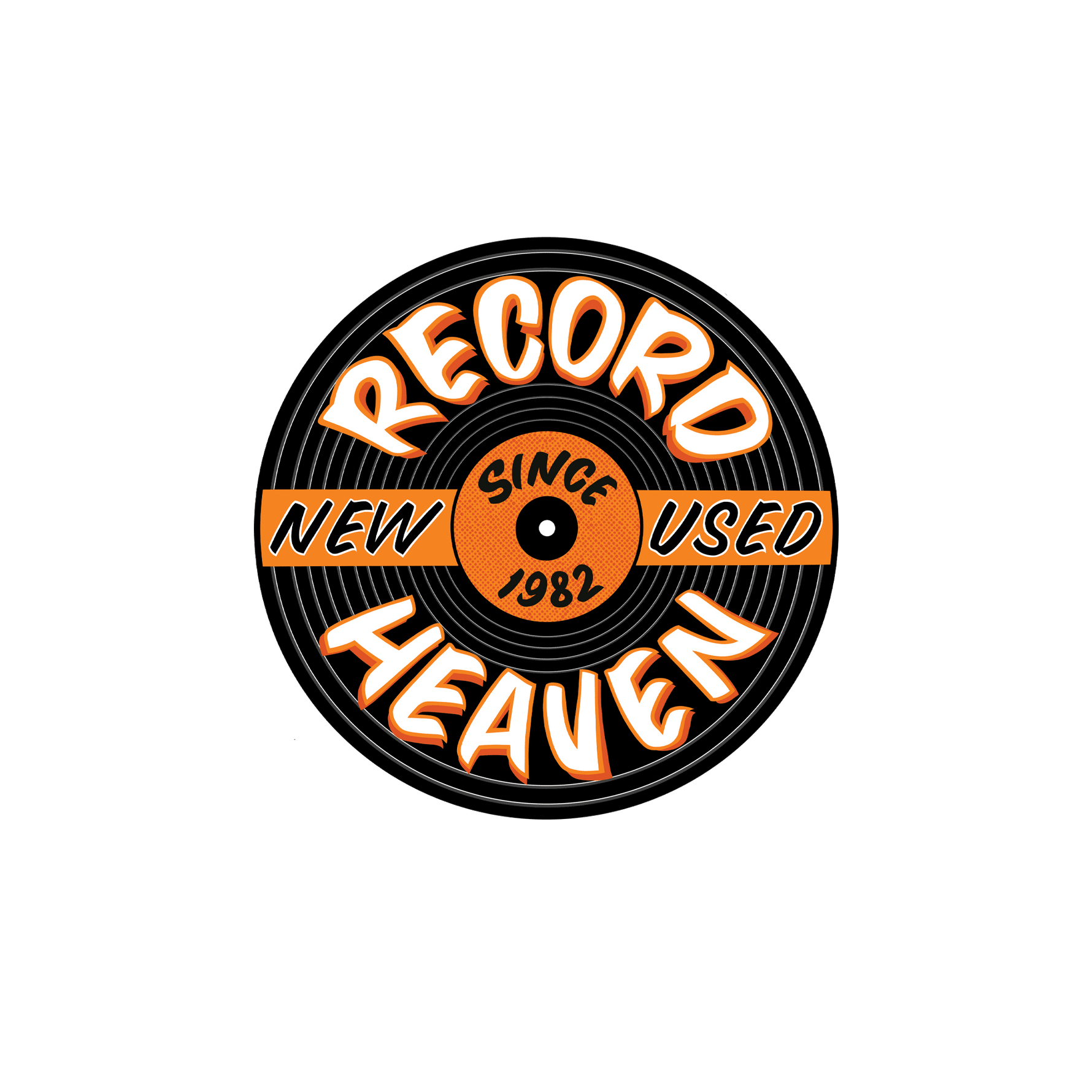 Record store logo with text 'Record Heaven' in black and orange.