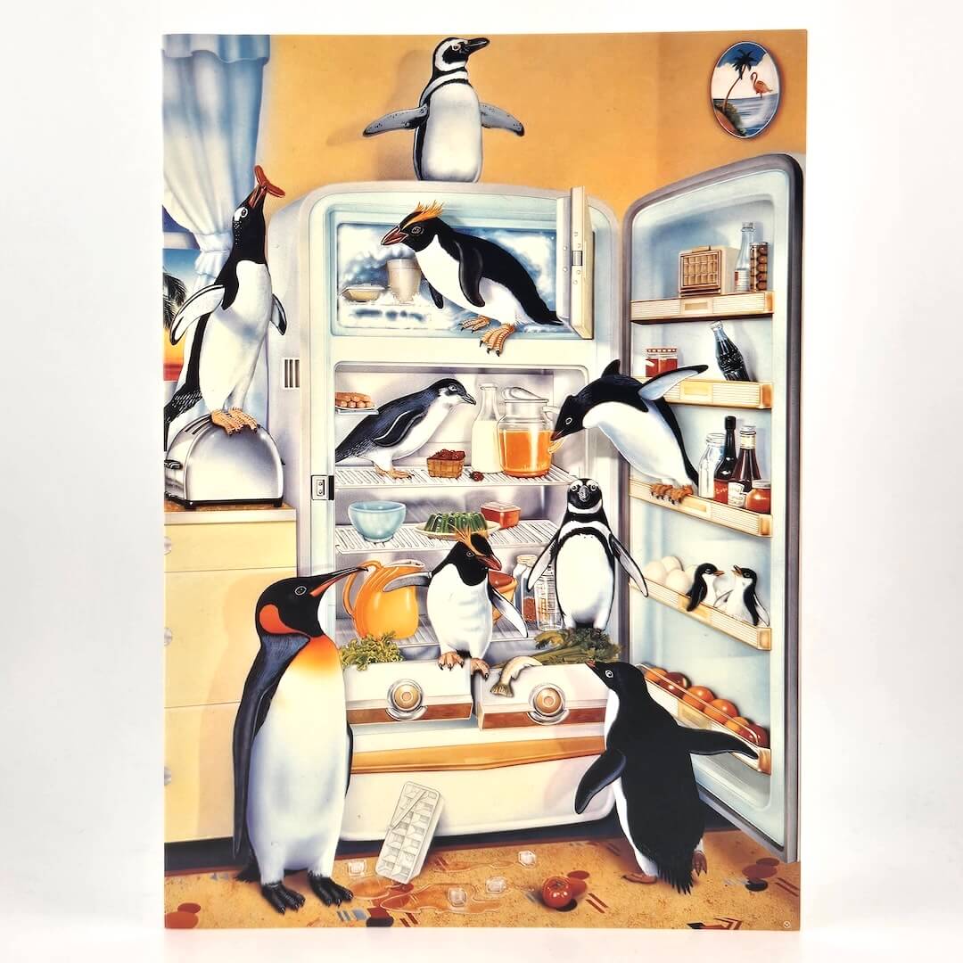 Illustration of penguins around an open refrigerator filled with food.