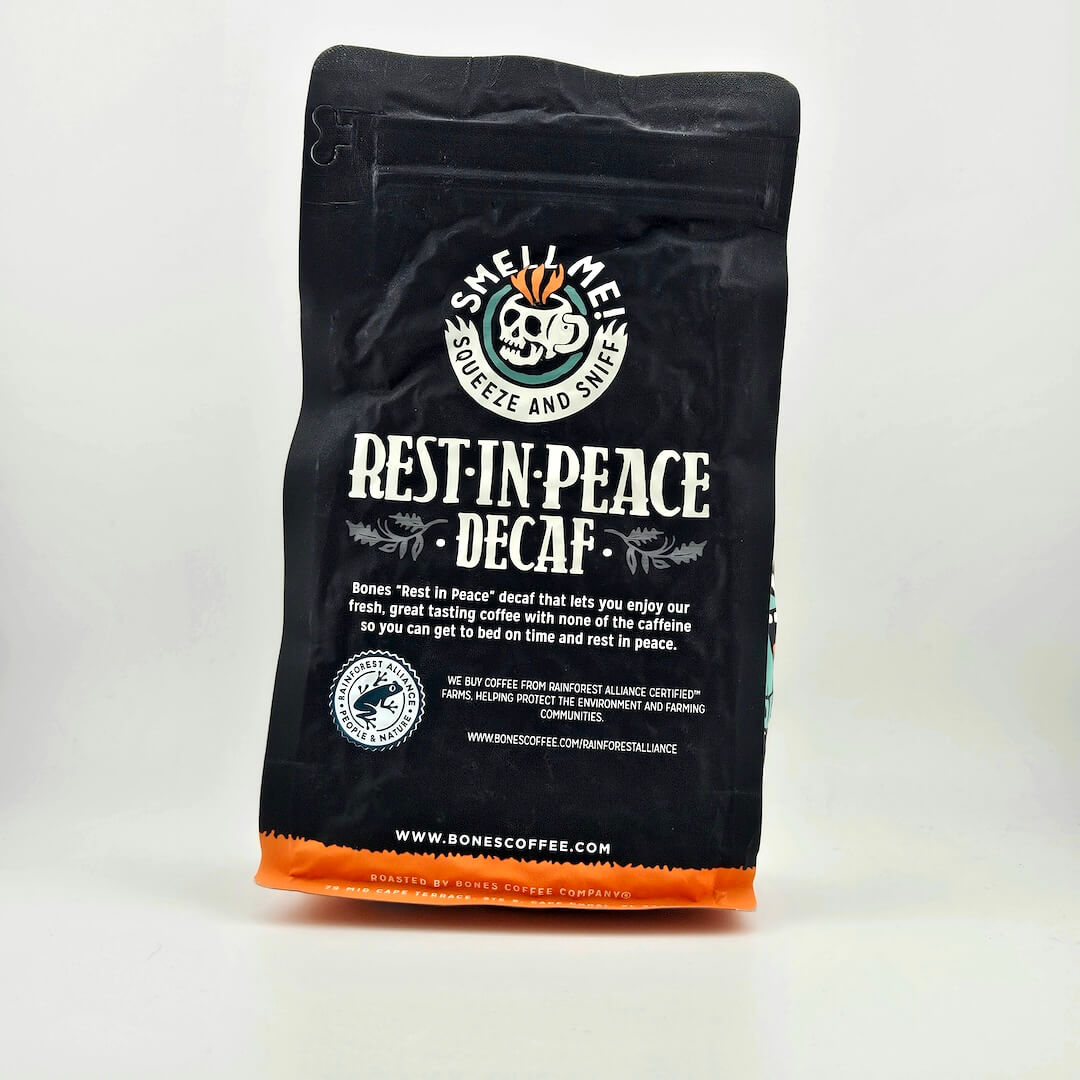 Black coffee bag with "Bones Coffee Company" branding and skeleton illustration.