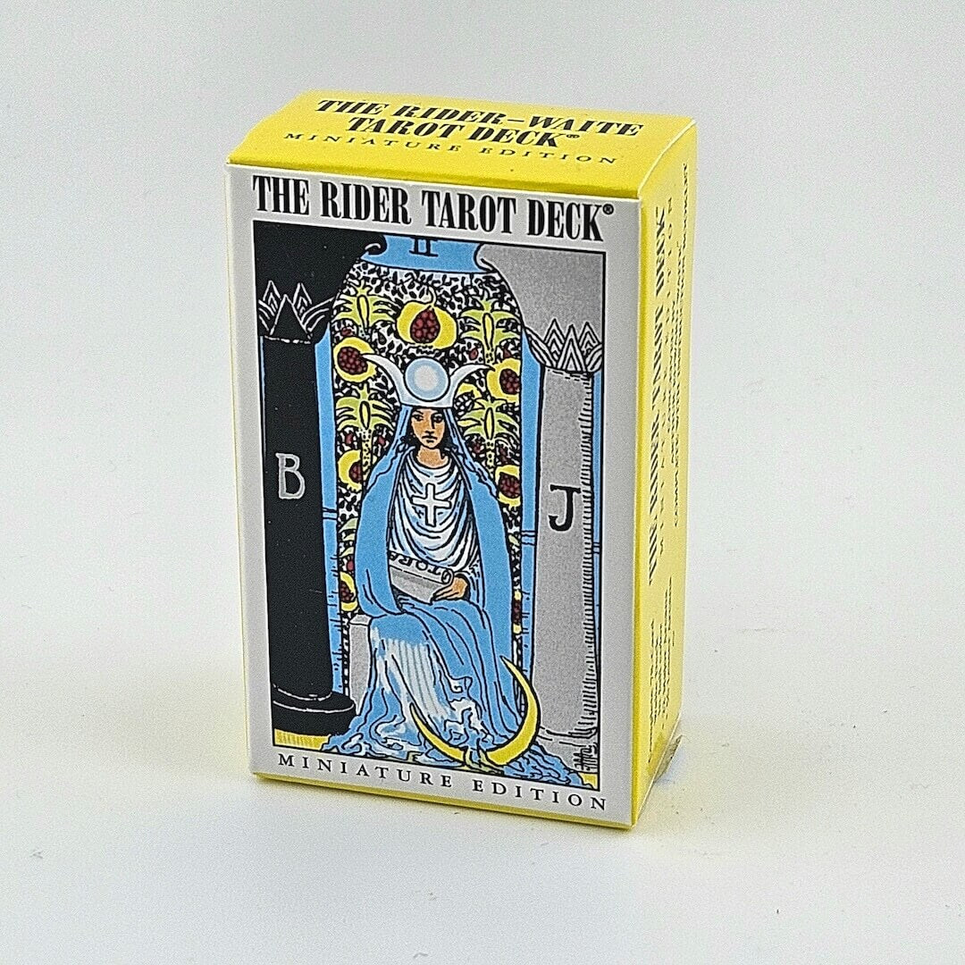 Miniature tarot deck box with image of high priestess in blue white robes in between pillars, one white & one black.