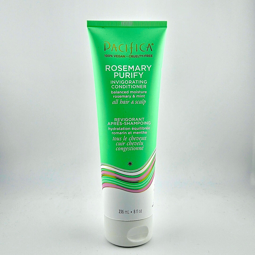 Green tube of Pacifica Rosemary Purify Invigorating Conditioner on a white background