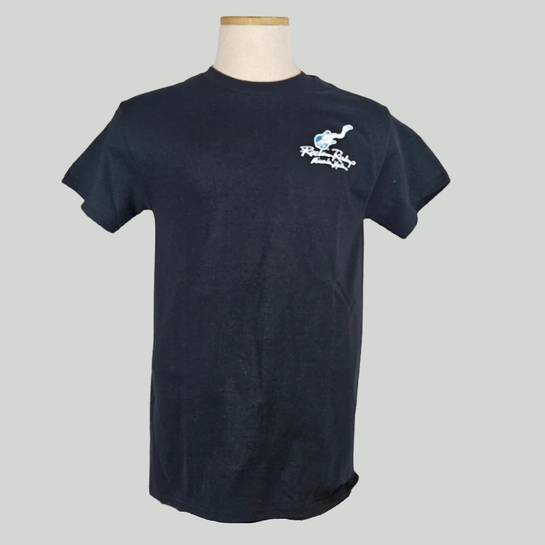 Black t-shirt with blue, wavy neck guitar on breast above "Rockin Rudy's, Missoula, Montana" written in white script.