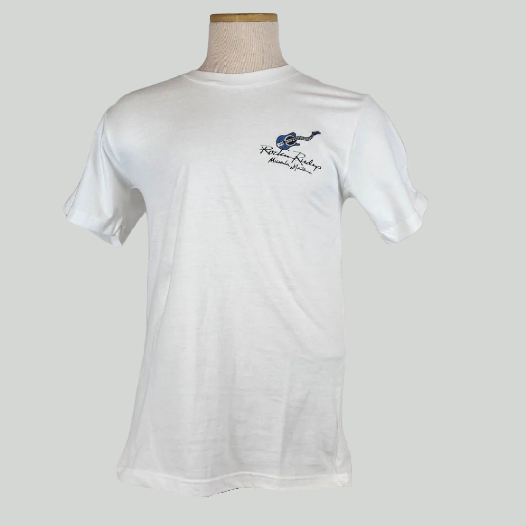 White t-shirt with blue, wavy neck guitar on breast above "Rockin Rudy's, Missoula, Montana" written in black script.