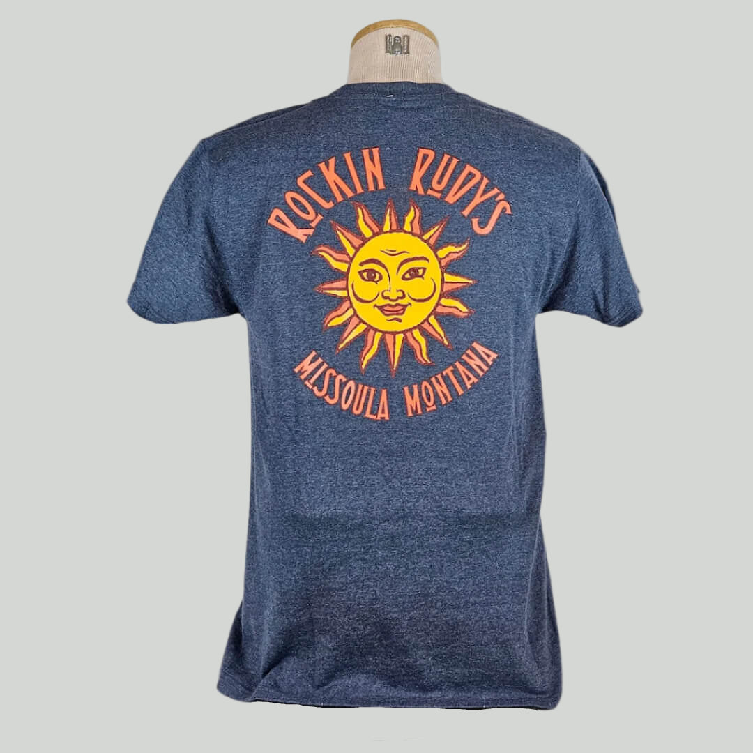 Heathered navy colored t-shirt with large sun in center with "ROCKIN RUDY'S" & "MISSOULA, MONTANA" encircling it.