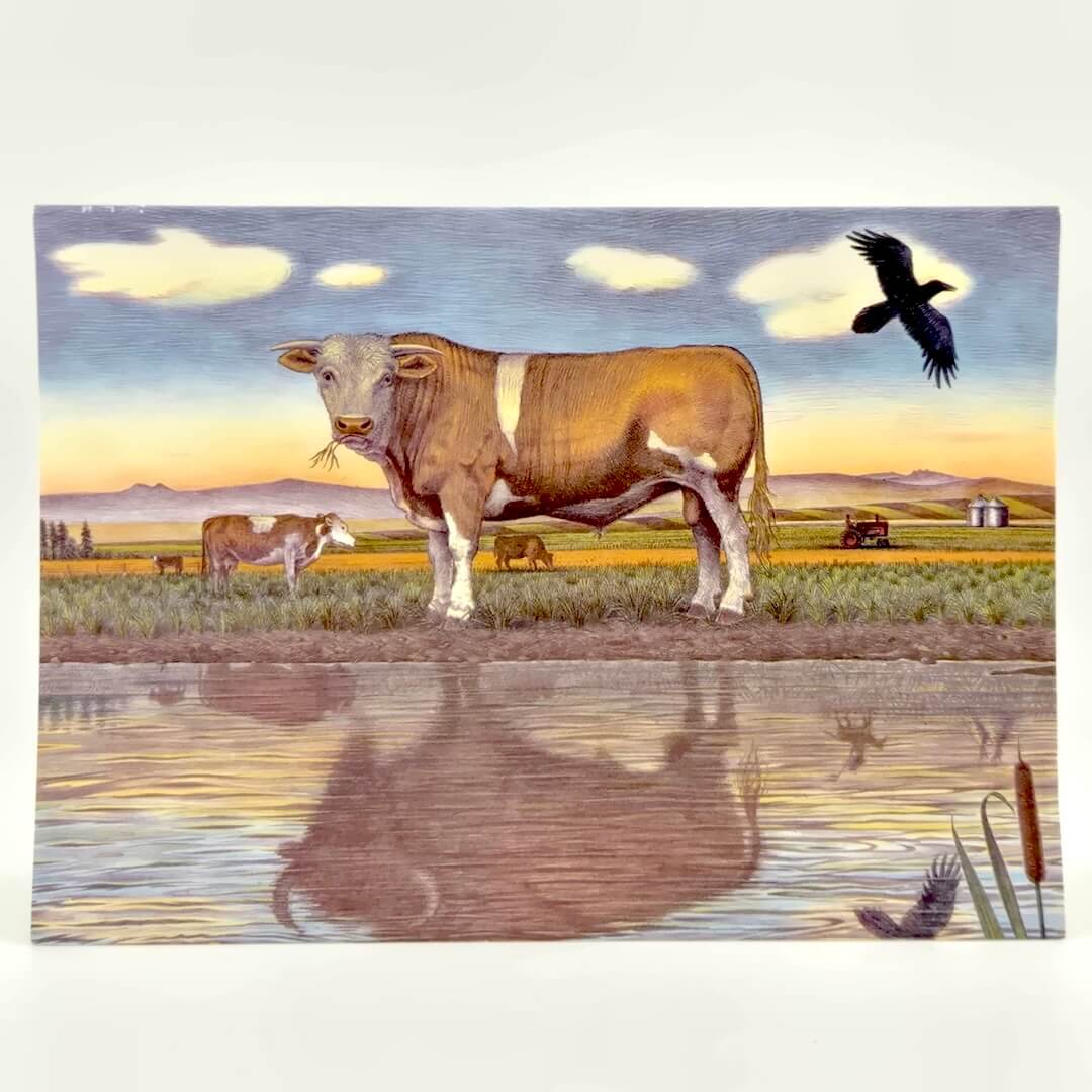 Illustration of herd of cows grazing in field with bird in the sky.