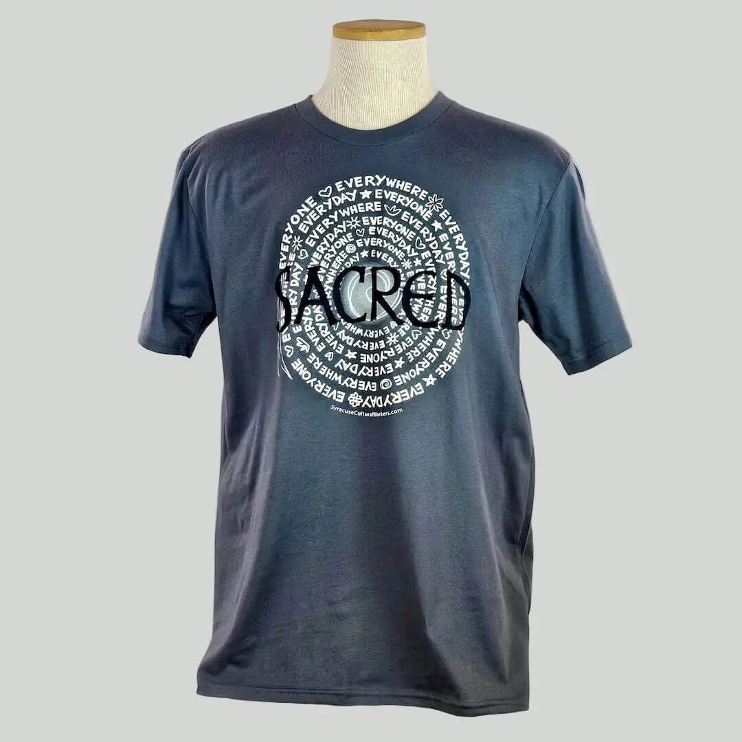 Gray t-shirt with white text design on a mannequin against a plain background