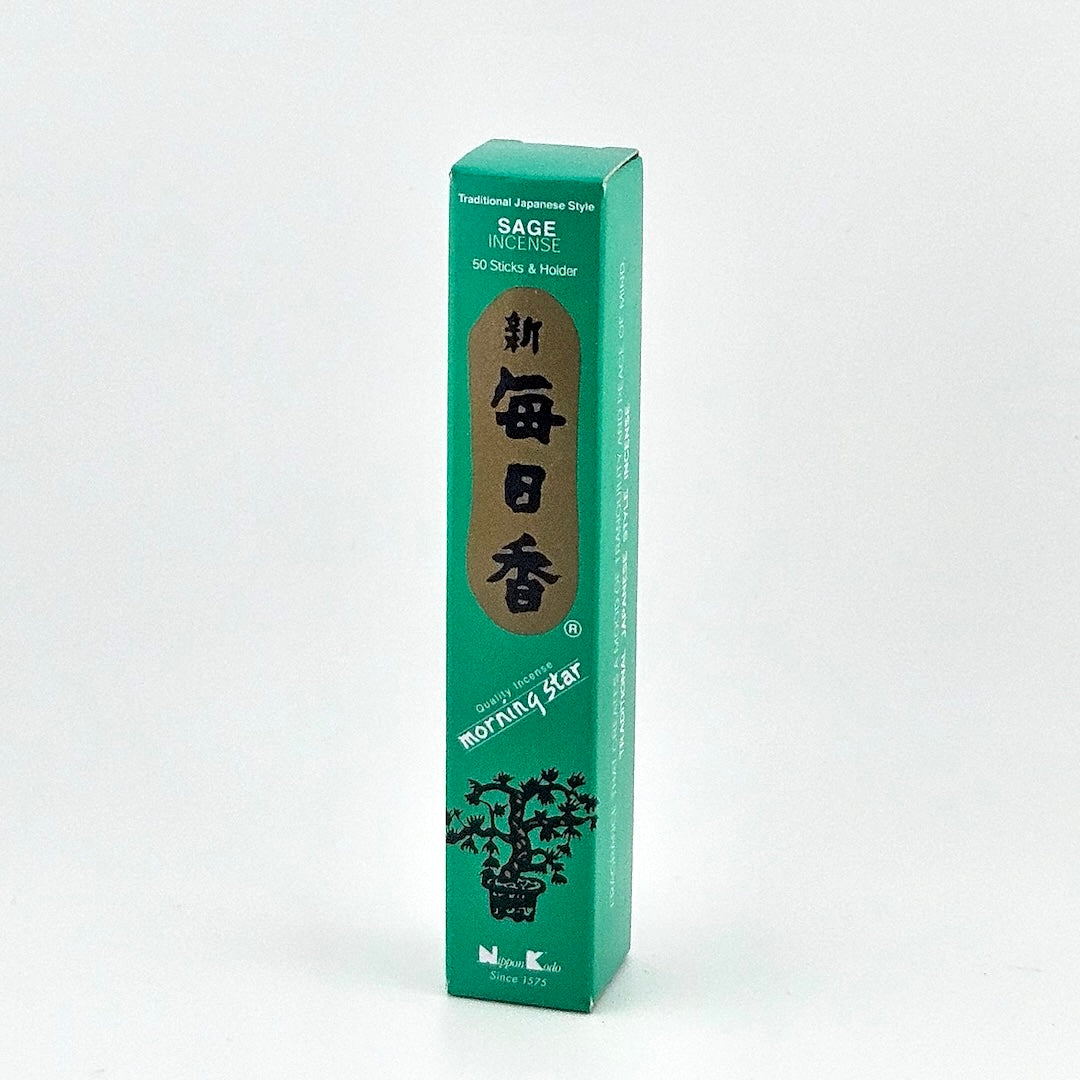 blue-green box of 50 incense sticks with Japanese writing above bonsai tree packaging on gray background.