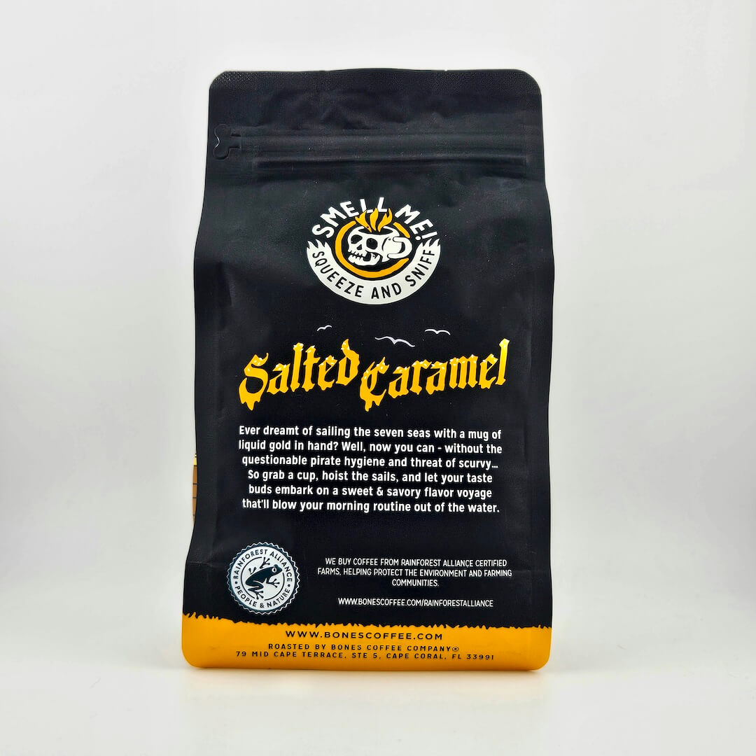 Black coffee bag with 'Salted Caramel' flavor on a white background
