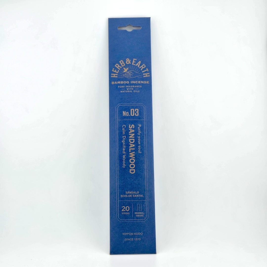 Navy blue rectangular package of incense with brown text describing product.