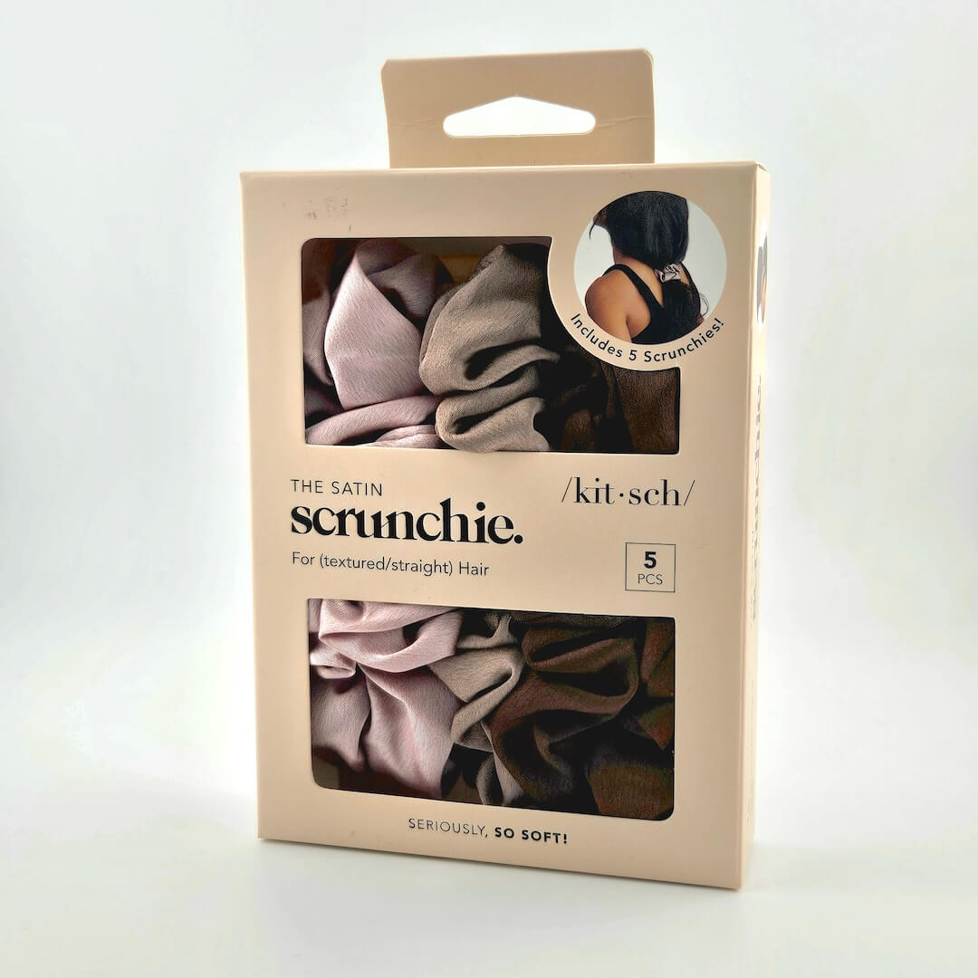 Kitsch satin scrunchie set packaging on a white background