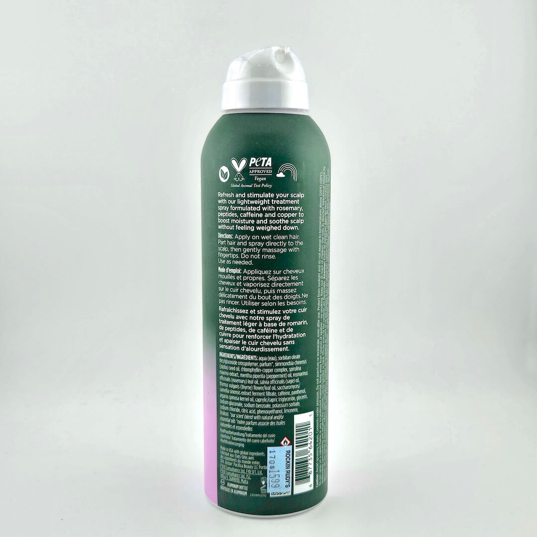 Aerosol can with white text instructions and ingredients with barcode against white background.