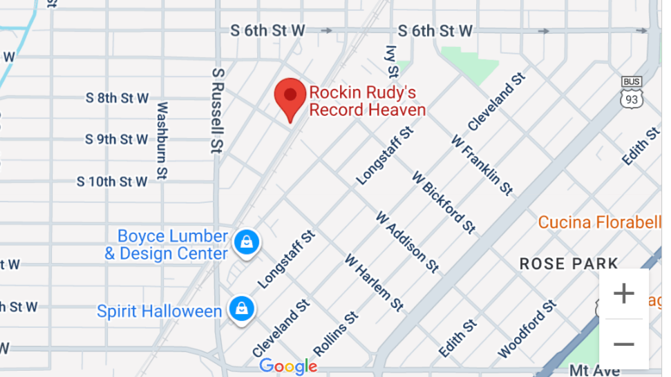 Map showing the location of Rockin Rudy's Record Heaven with a red pin marker.