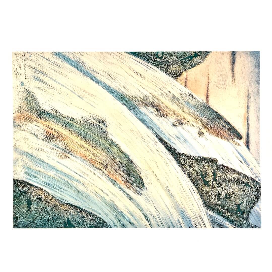 Abstract art with flowing lines and earthy tones on a white background