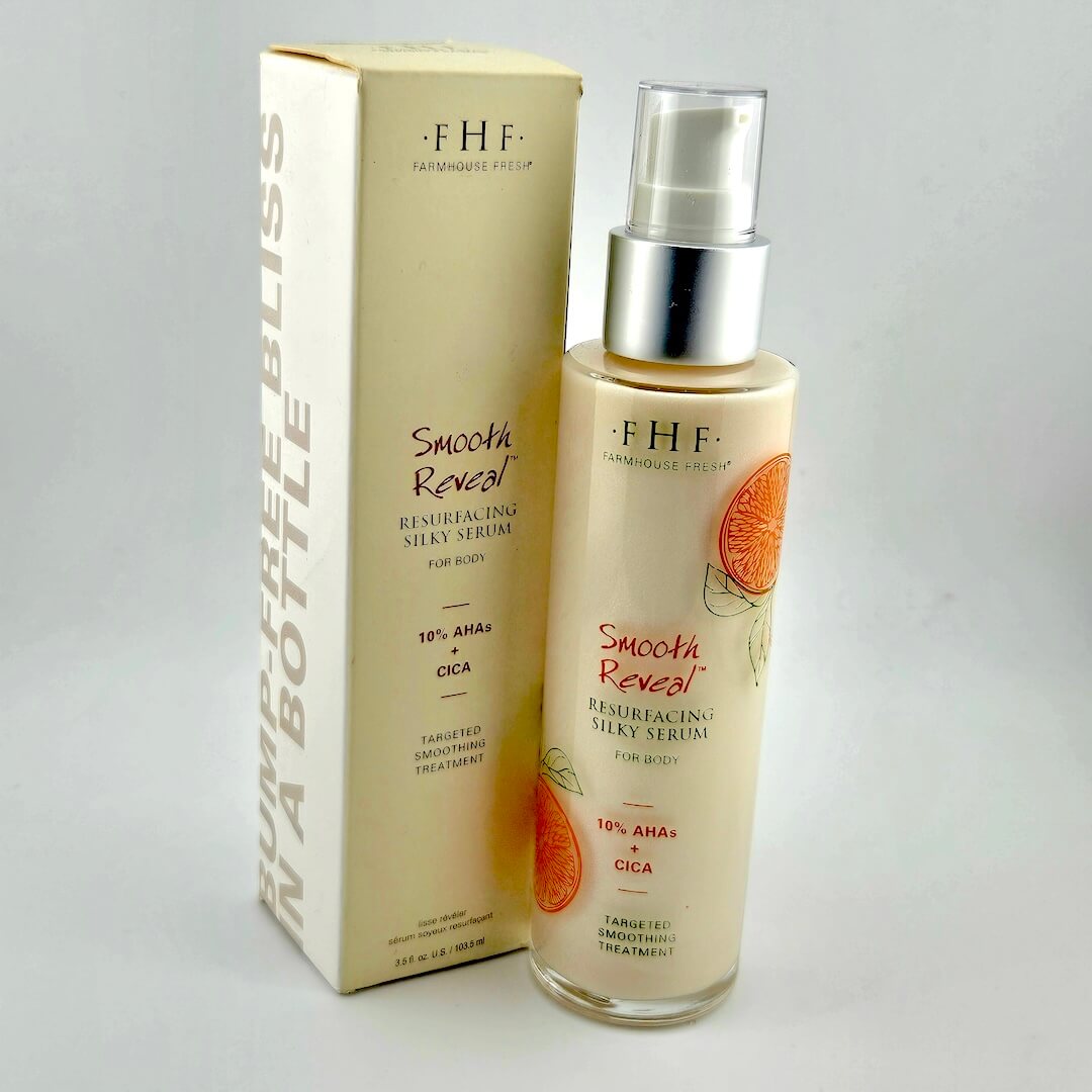 FHF Smooth Reveal serum bottle and packaging on a gray background