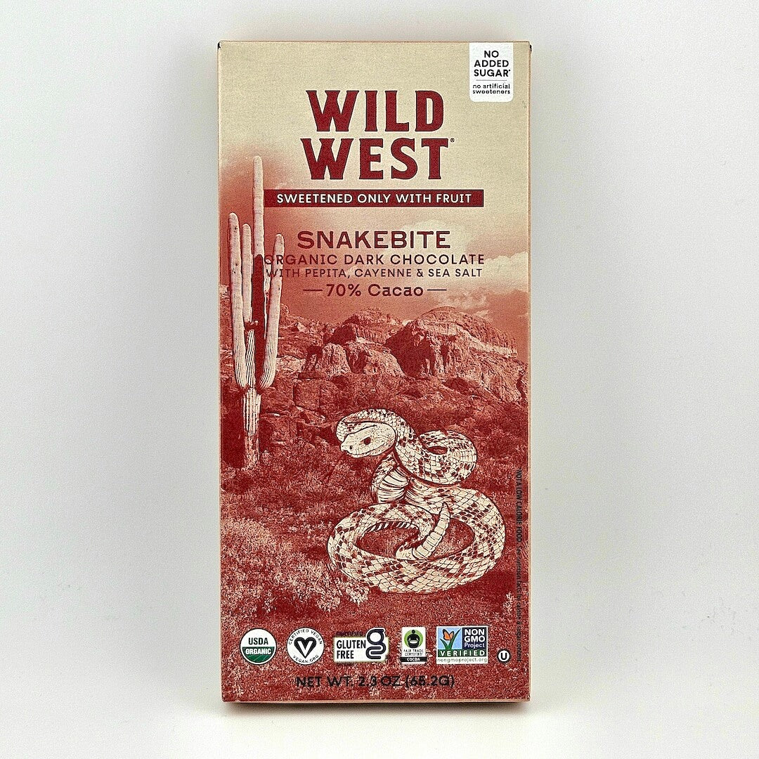 Wild West Snakebite chocolate bar packaging on a white background
