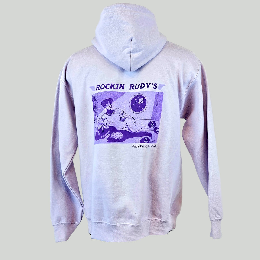 Light purple hoodie with a graphic design on the back against a white background