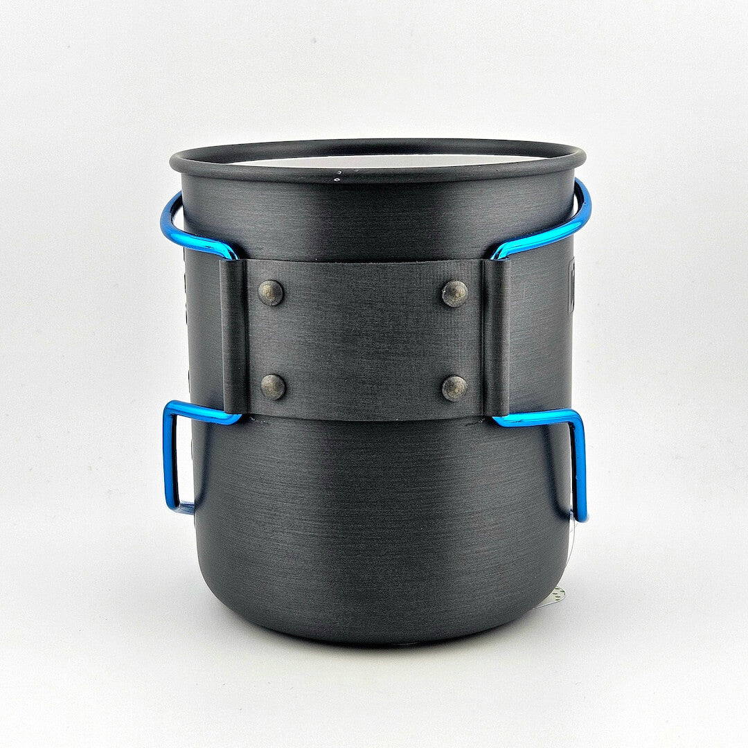 Black brushed metal cup with blue accents against white background.