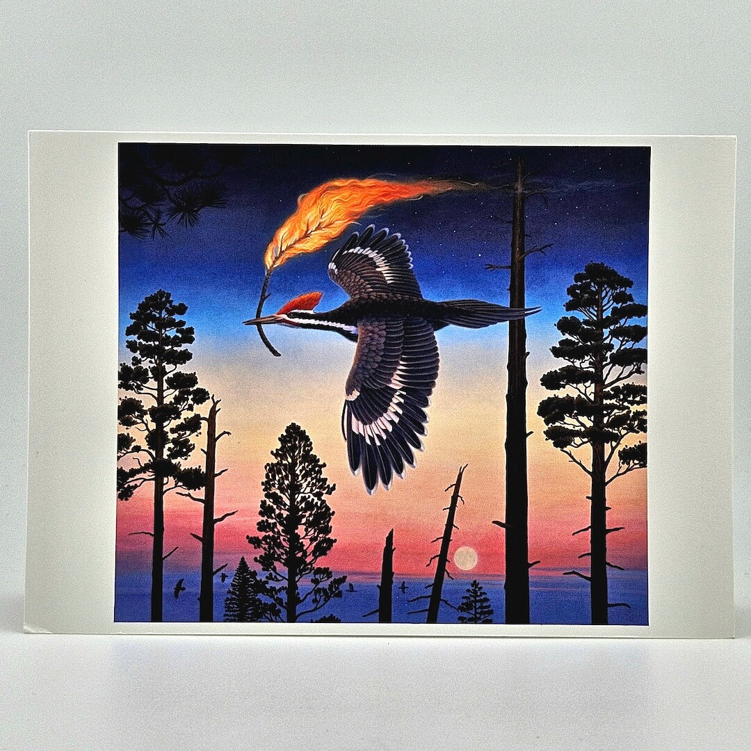 Painting of a bird with flames in a forest setting