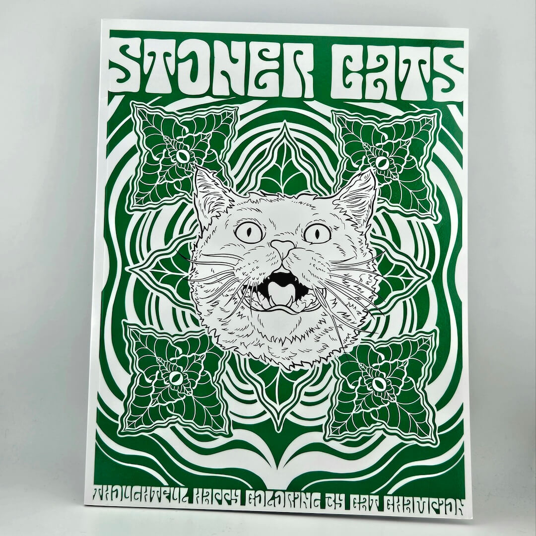 Poster with a stylized cat illustration and 'Stoner Cats' text on a green and white background