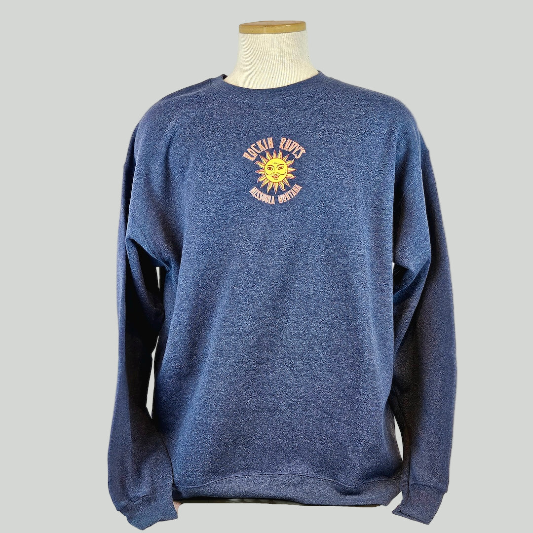 Blue sweater with a logo on a mannequin against a white background