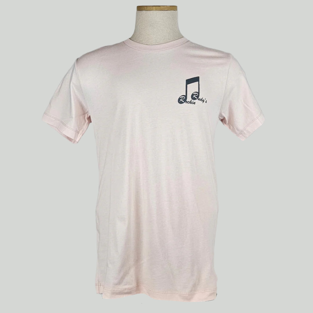 Light pink t-shirt with beam note on breast with "Rockin Rudy's" starting in each note.