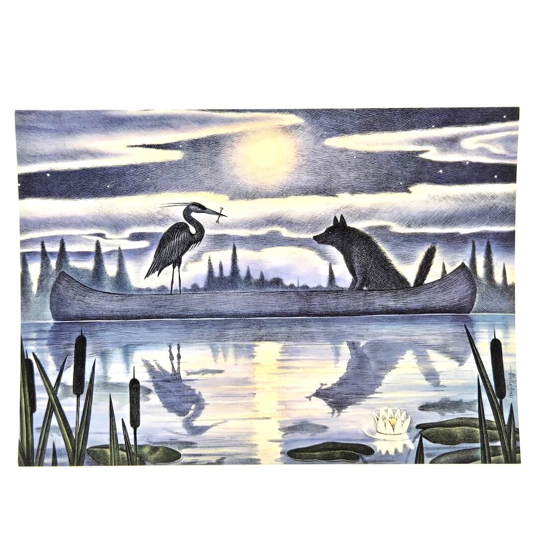 Artistic depiction of a heron and a wolf in a canoe on a reflective water surface with a moonlit sky.