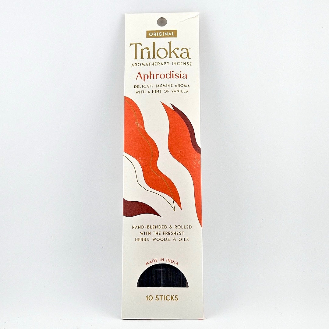 White rectangular package for 10 incense sticks, geometric graphics in center framed by product information.