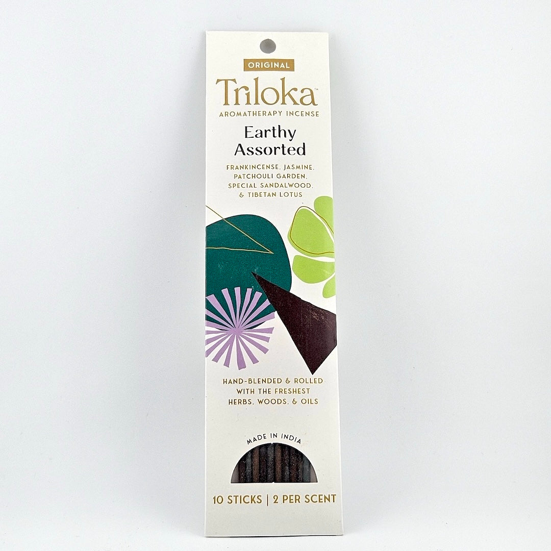 White rectangular package for 10 incense sticks, geometric graphics in center framed by product information.