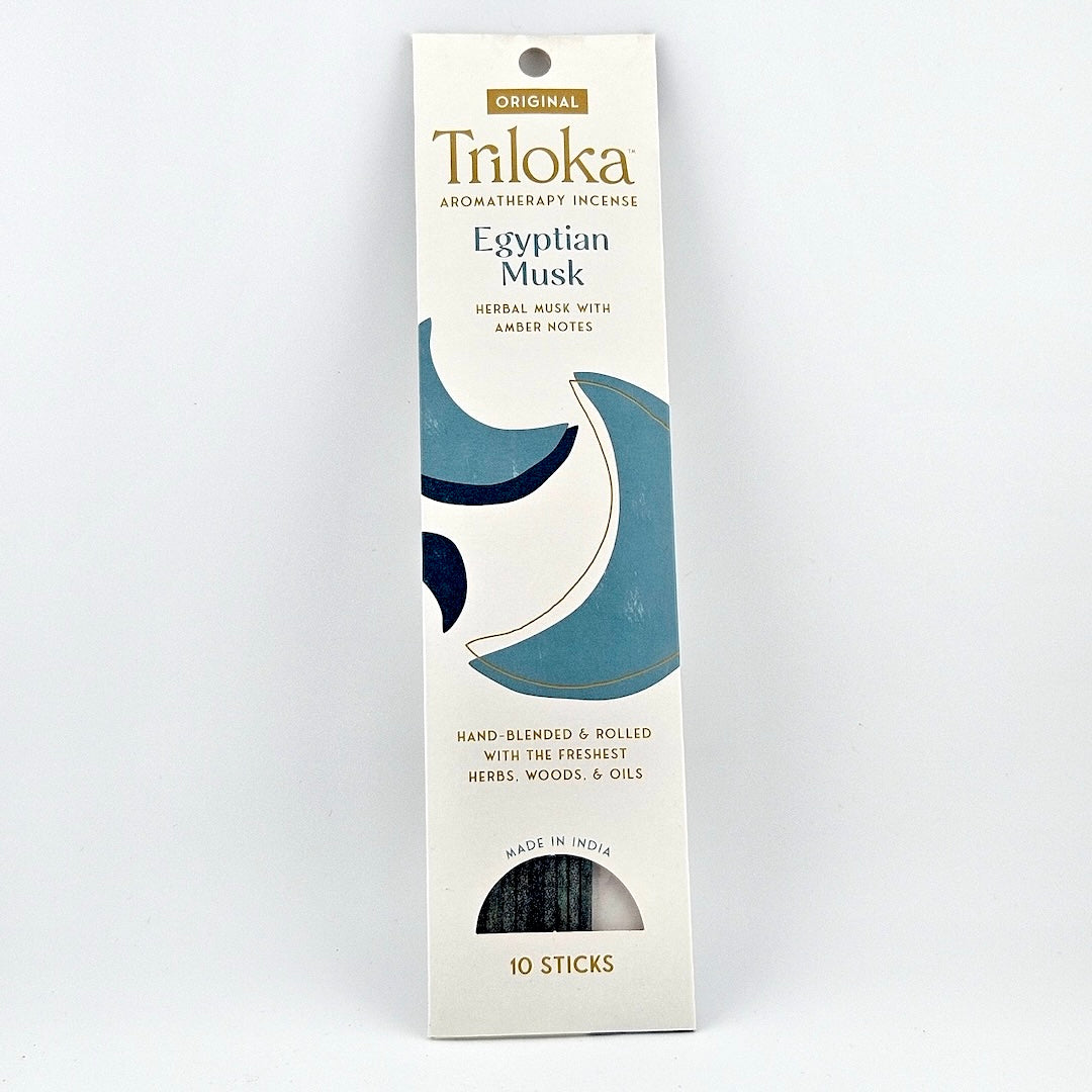 White rectangular package for 10 incense sticks, three moons in center framed by product information.