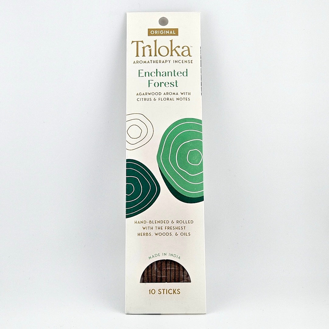 White rectangular package for 10 incense sticks, three green cirlces in center framed by product information.
